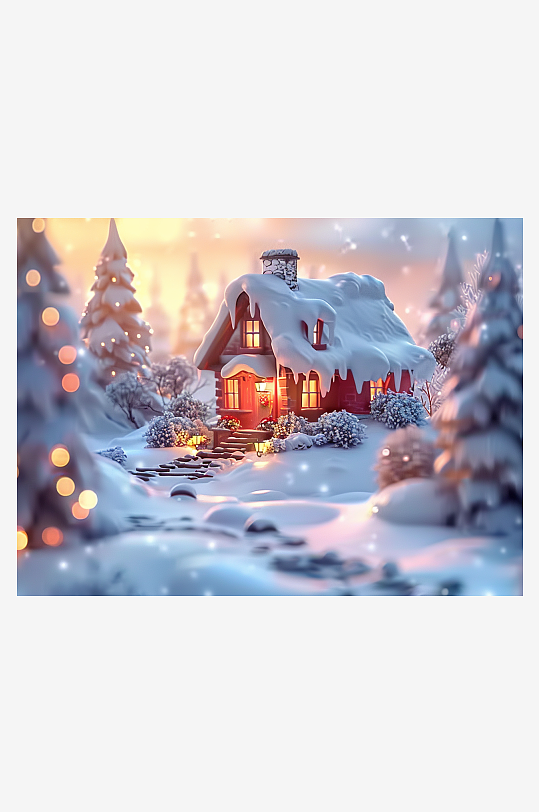 冬季雪地中的小房屋-众图网