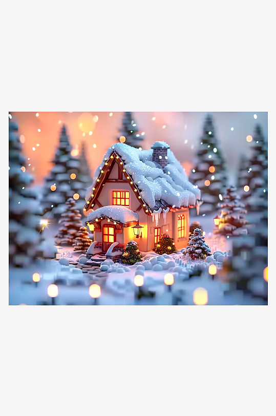 冬季雪地中的小房屋-众图网