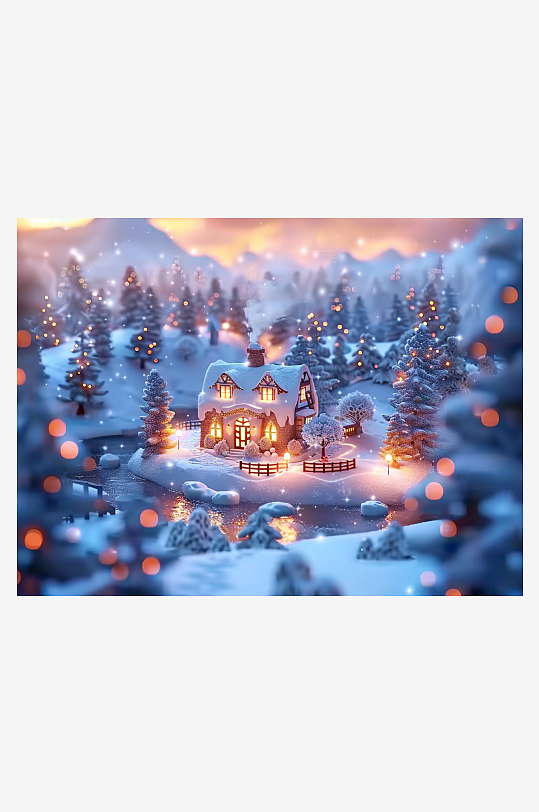 冬季雪地中的小房屋-众图网