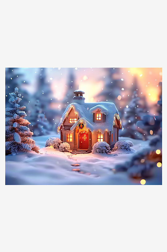 冬季雪地中的小房屋-众图网