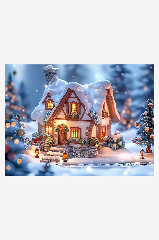 冬季雪地中的小房屋-众图网