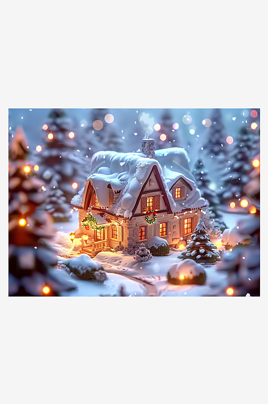 冬季雪地中的小房屋-众图网