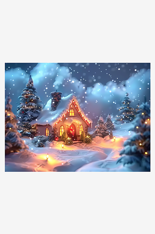 冬季雪地中的小房屋-众图网