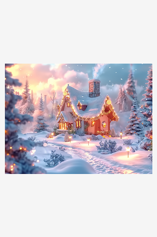 冬季雪地中的小房屋-众图网