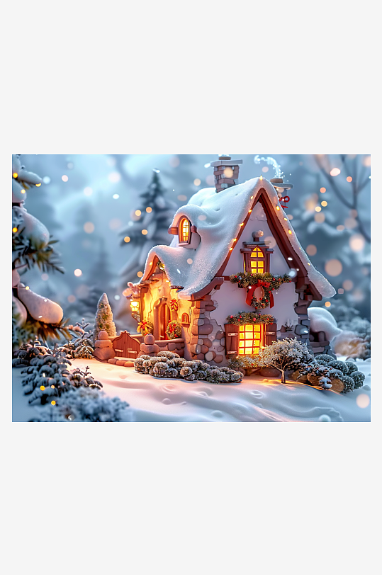 冬季雪地中的小房屋-众图网