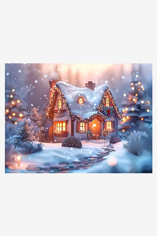 冬季雪地中的小房屋-众图网