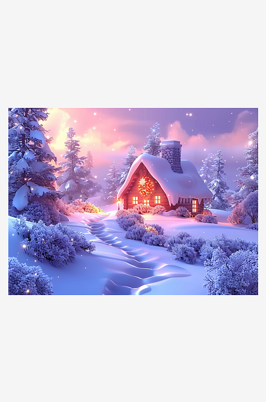 冬季雪地中的小房屋-众图网