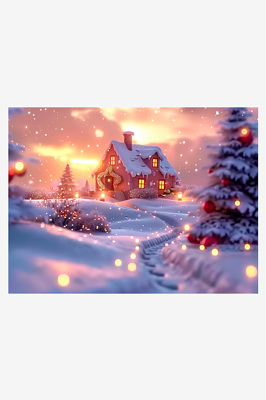 冬季雪地中的小房屋-众图网