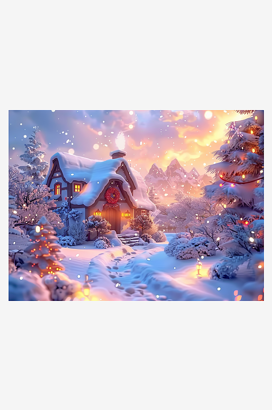 冬季雪地中的小房屋-众图网