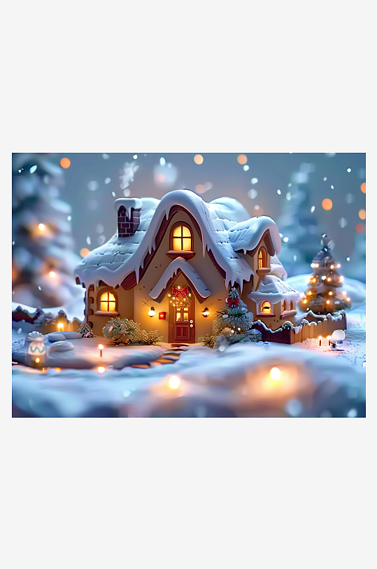 冬季雪地中的小房屋-众图网