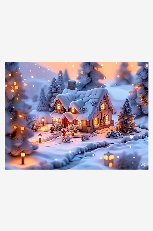 冬季雪地中的小房屋-众图网