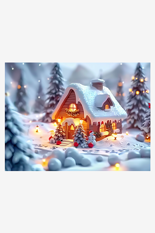 冬季雪地中的小房屋-众图网