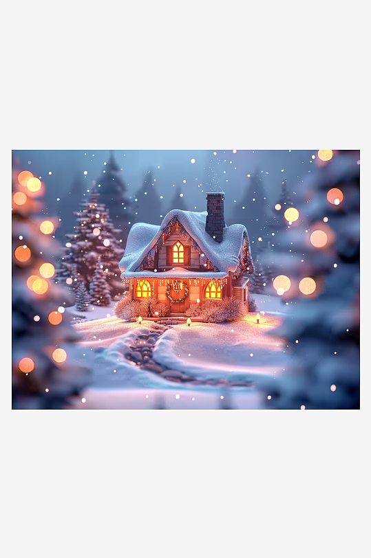 冬季雪地中的小房屋-众图网