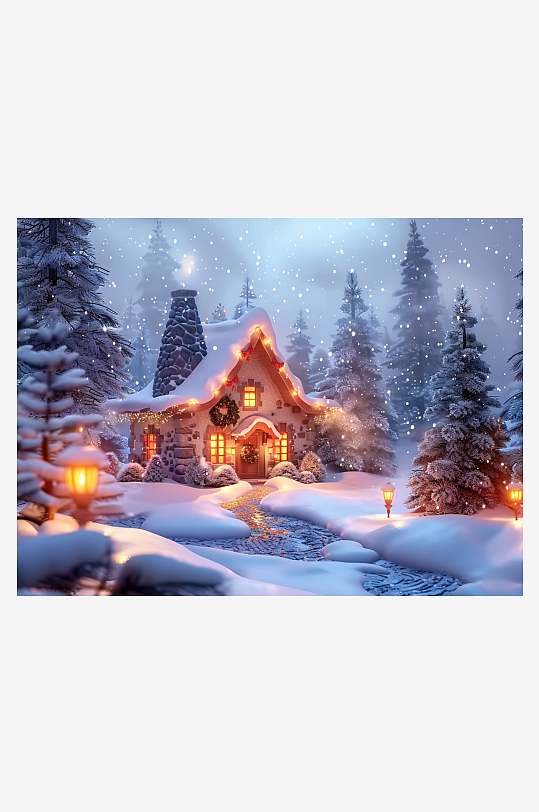 冬季雪地中的小房屋-众图网