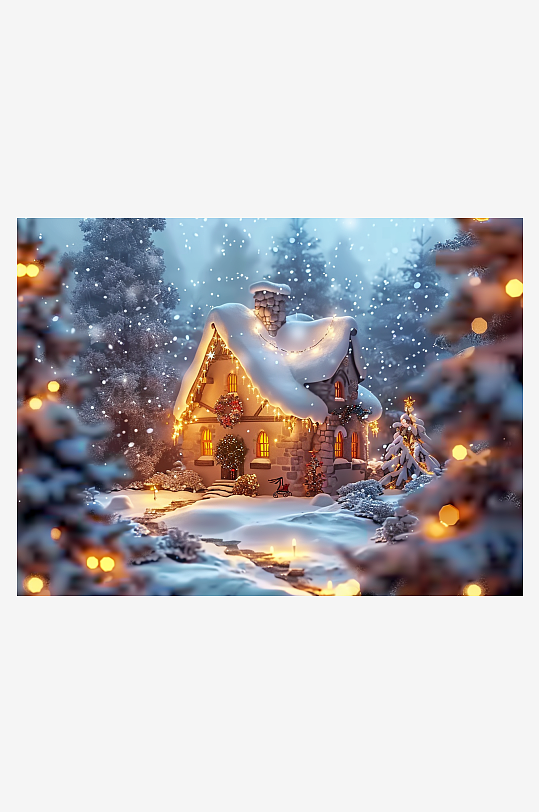 冬季雪地中的小房屋-众图网