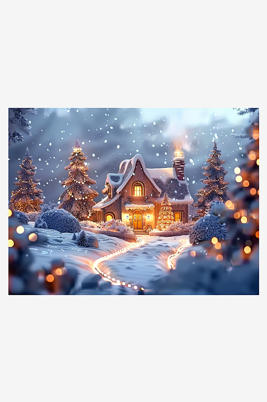 冬季雪地中的小房屋-众图网