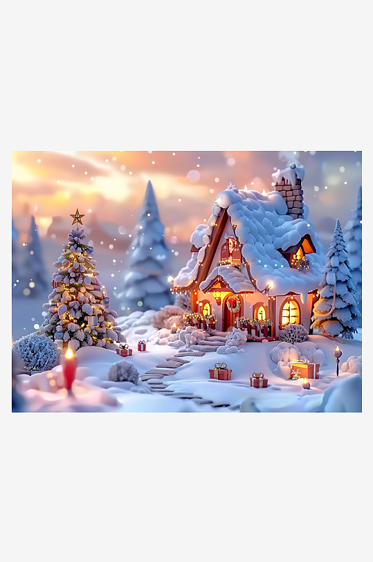 冬季雪地中的小房屋-众图网