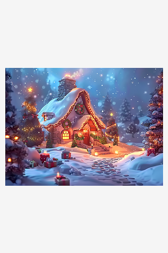 冬季雪地中的小房屋-众图网