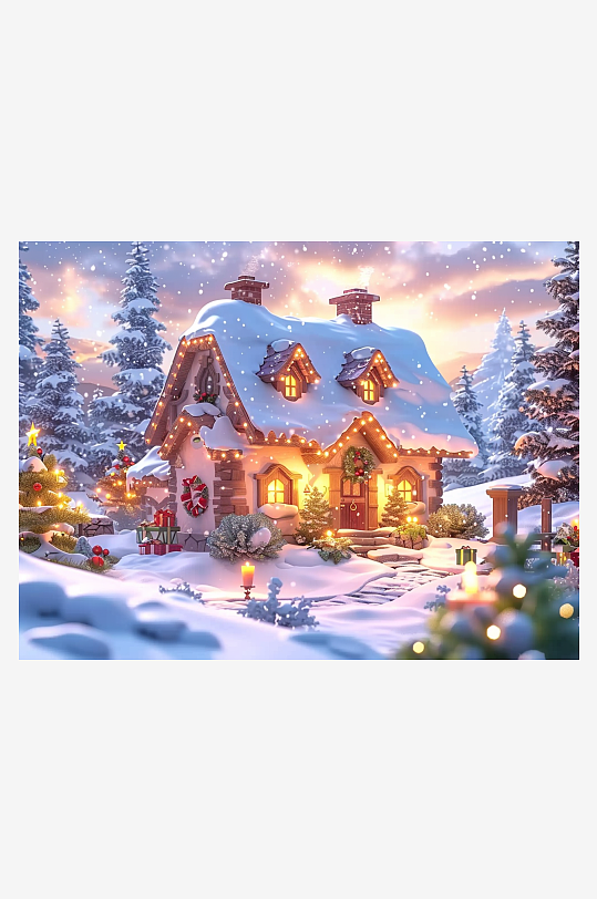 冬季雪地中的小房屋-众图网