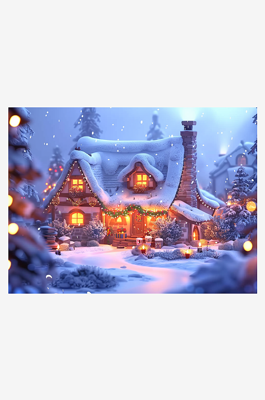 冬季雪地中的小房屋-众图网