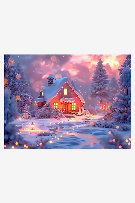 冬季雪地中的小房屋-众图网