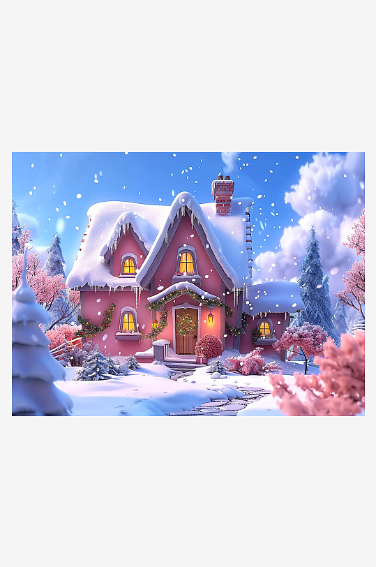 冬季雪地中的小房屋-众图网