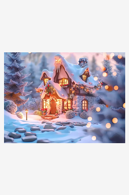 冬季雪地中的小房屋-众图网
