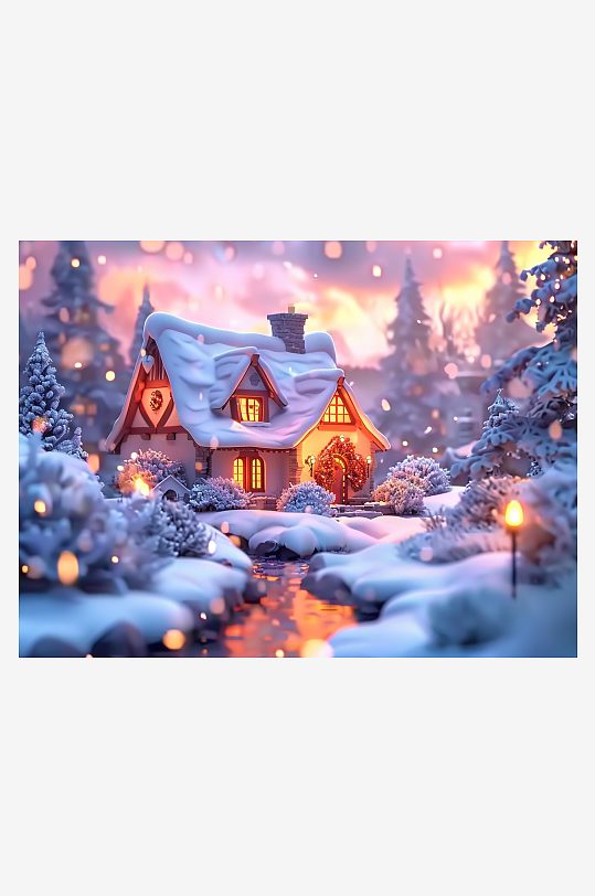 冬季雪地中的小房屋-众图网
