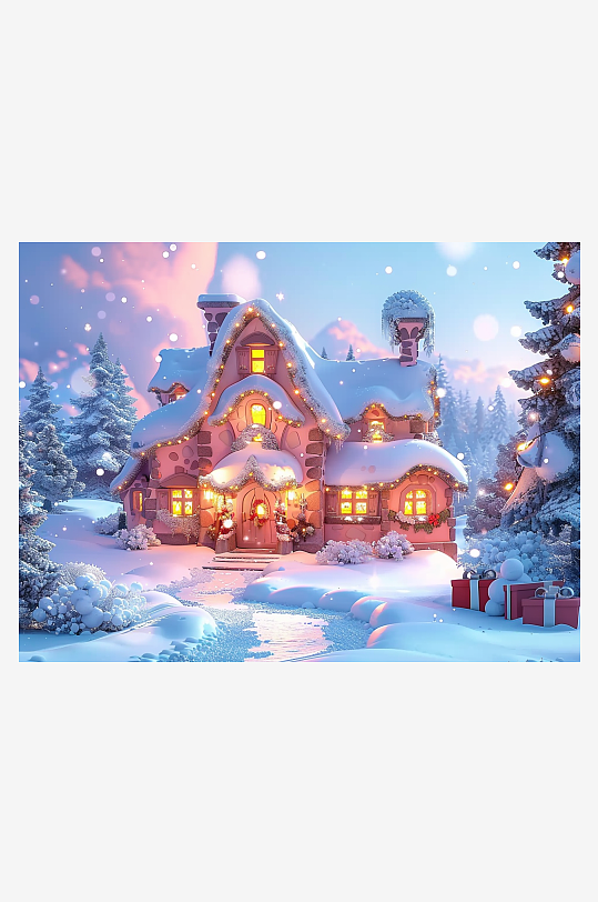 冬季雪地中的小房屋-众图网