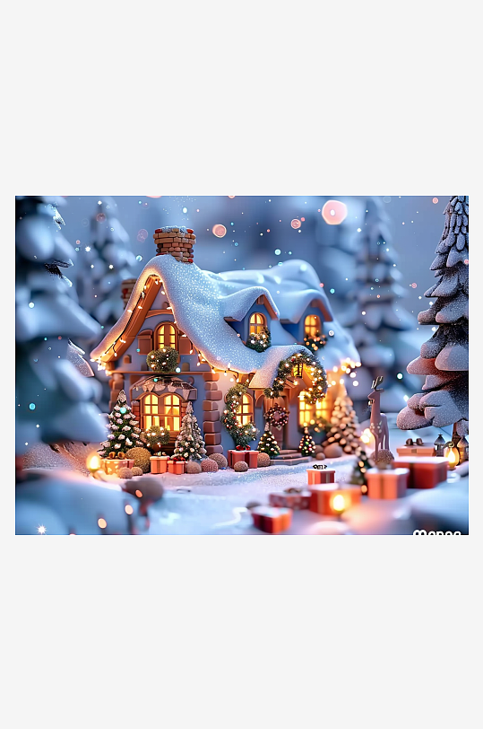 冬季雪地中的小房屋-众图网