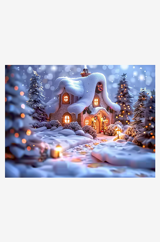 冬季雪地中的小房屋-众图网