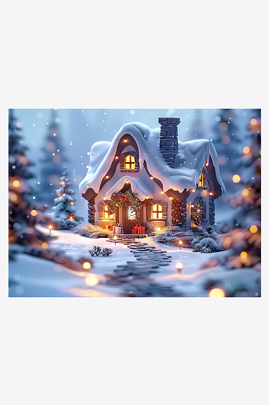 冬季雪地中的小房屋-众图网