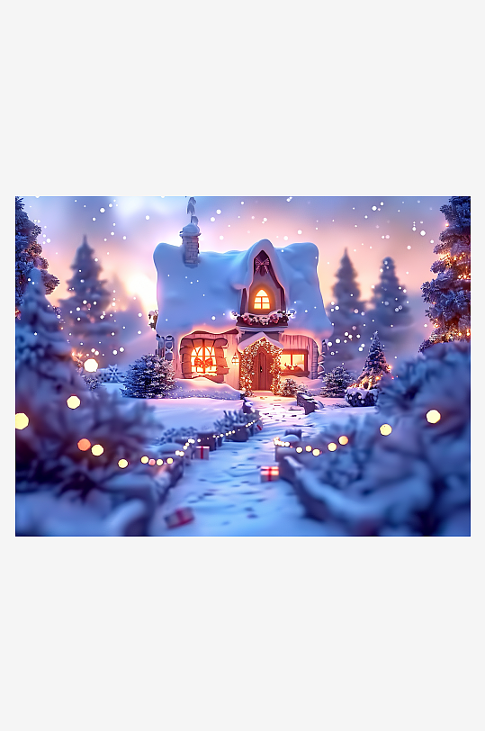 冬季雪地中的小房屋-众图网