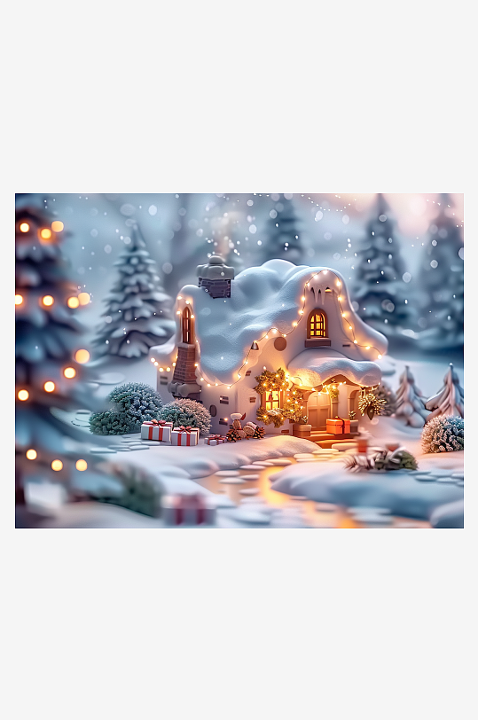 冬季雪地中的小房屋-众图网