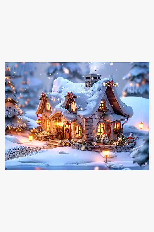冬季雪地中的小房屋-众图网