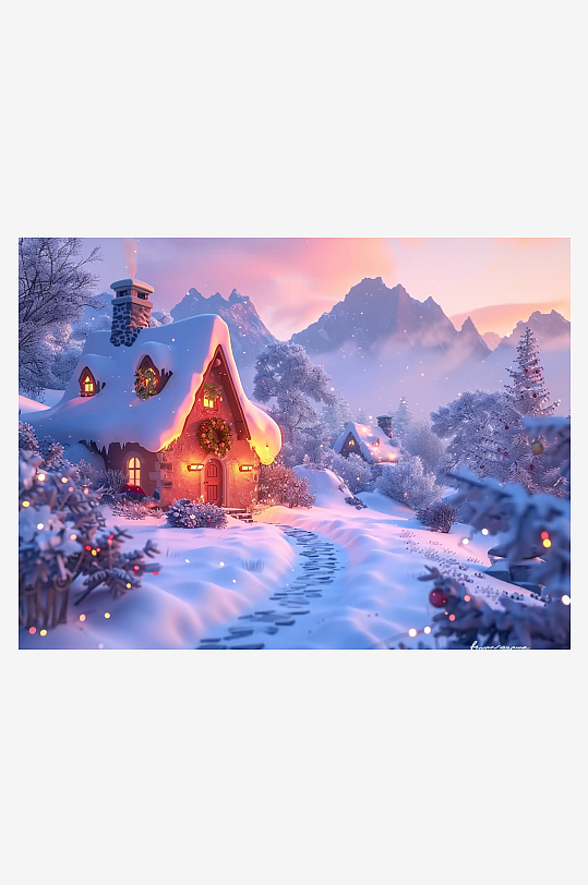 冬季雪地中的小房屋-众图网