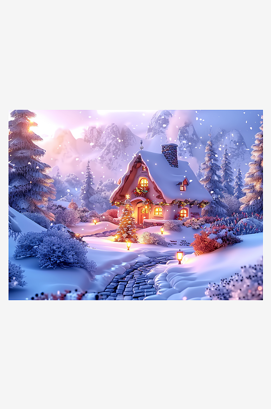 冬季雪地中的小房屋-众图网