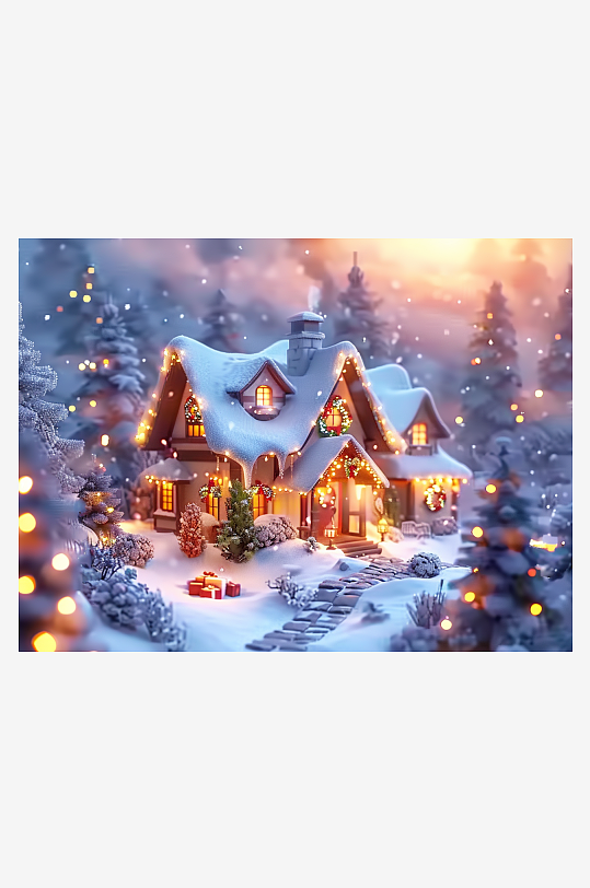 冬季雪地中的小房屋-众图网