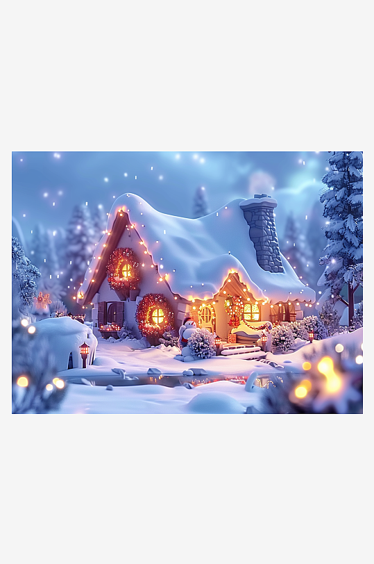 冬季雪地中的小房屋-众图网