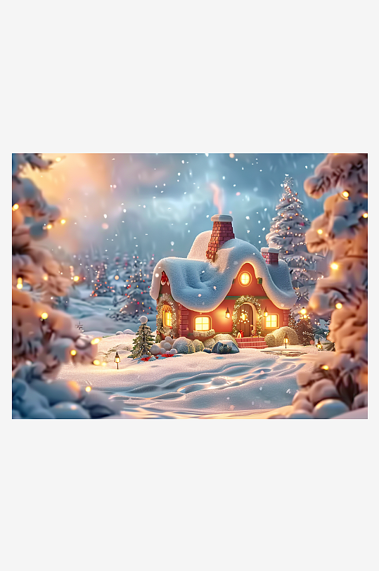 冬季雪地中的小房屋-众图网