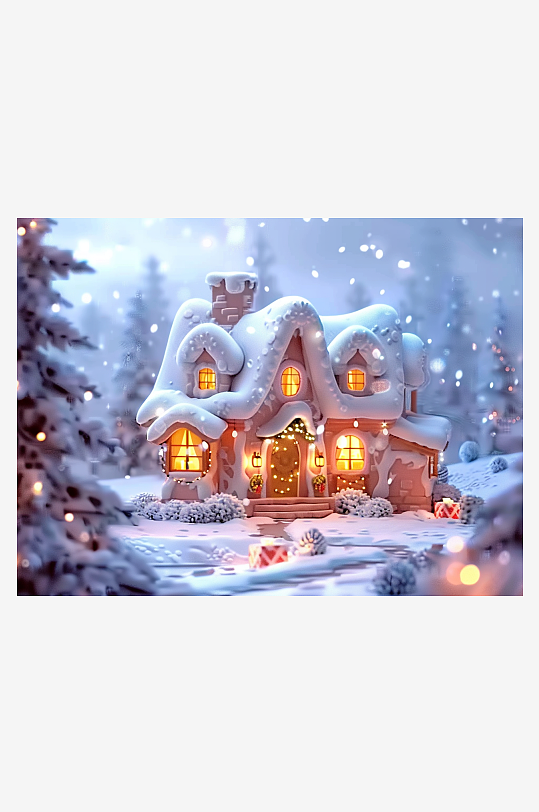 冬季雪地中的小房屋-众图网