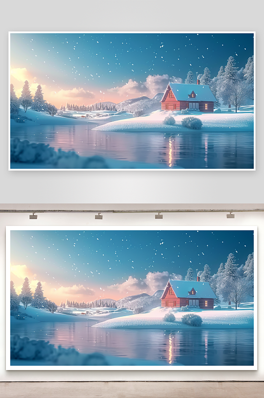 大山河流边的房屋景色-众图网