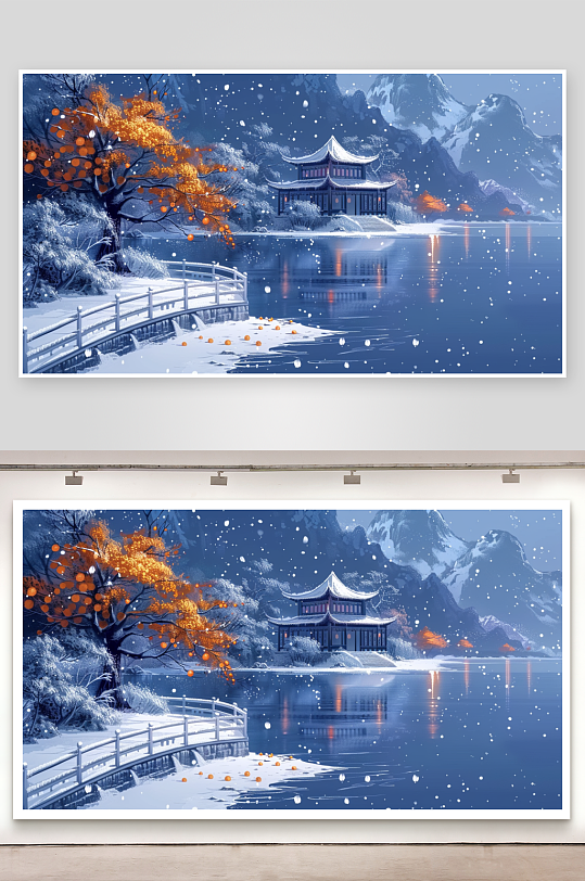 山下湖边的亭台景色-众图网