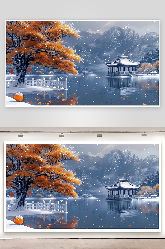 山下湖边的亭台景色-众图网