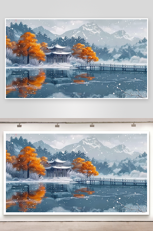 山下湖边的亭台景色-众图网