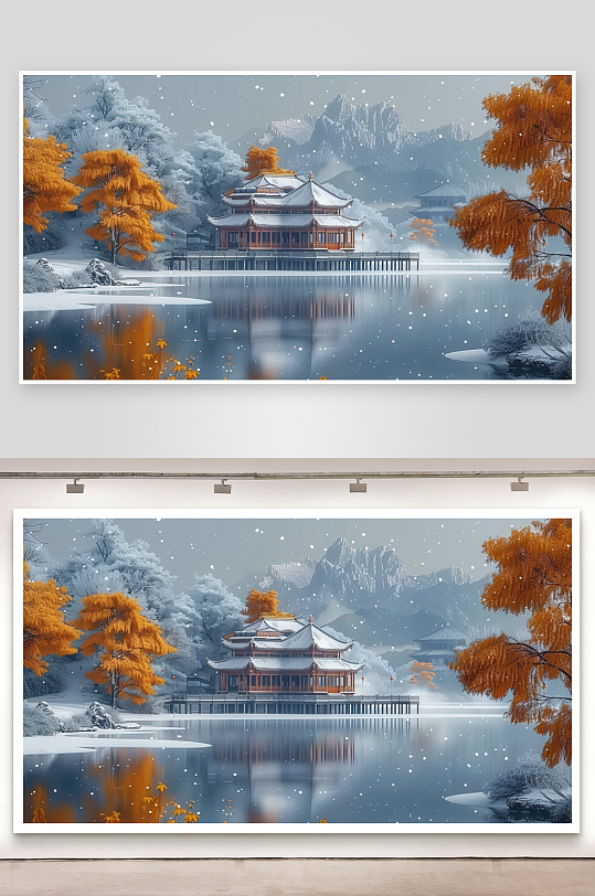 山下湖边的亭台景色-众图网