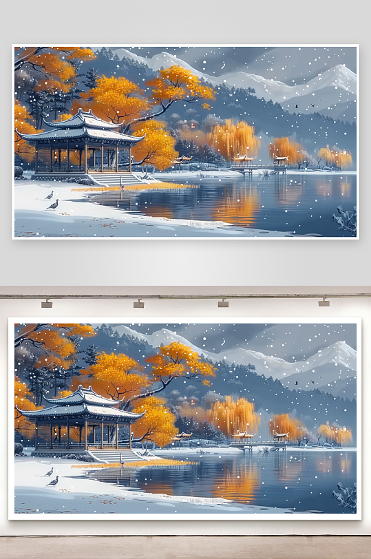 山下湖边的亭台景色-众图网