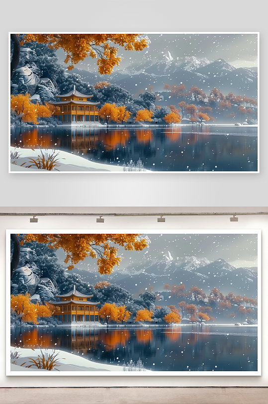 山下湖边的亭台景色-众图网