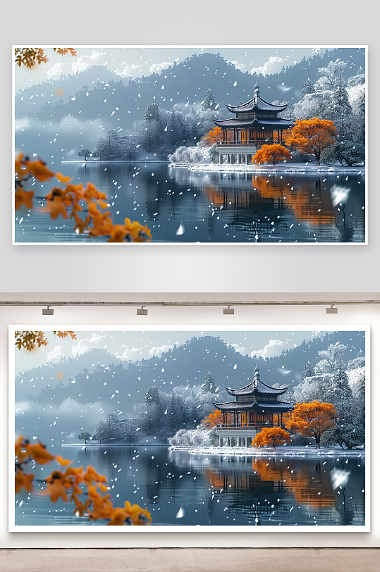 山下湖边的亭台景色-众图网