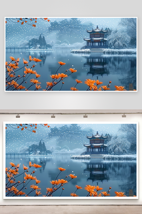 山下湖边的亭台景色-众图网